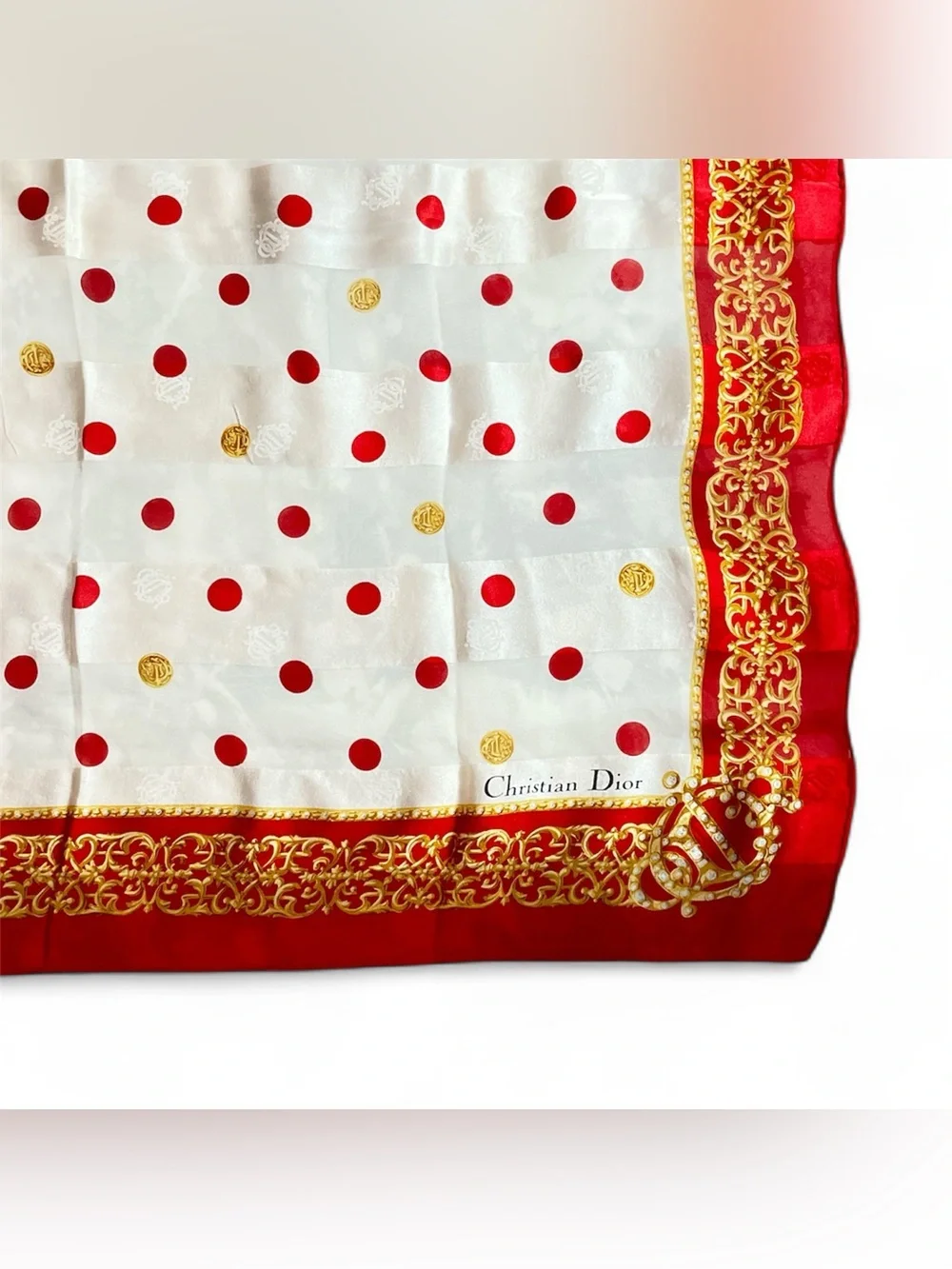 Dior Vintage Silk Chiffon Scarf Red Gold Polka Dot Crown Filigree Jacquard 32